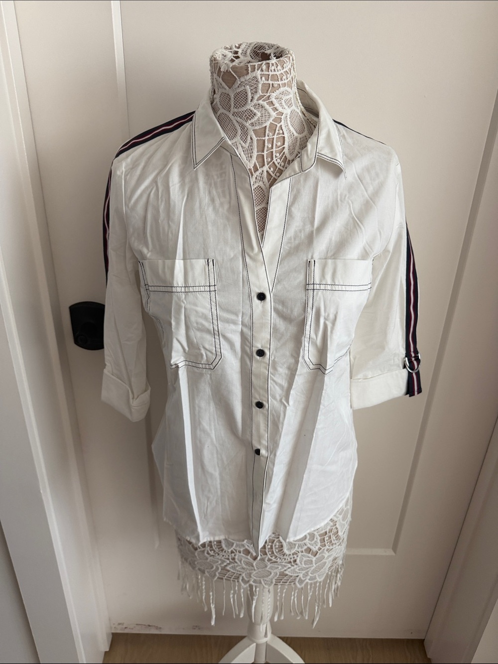 Express White Button-Down Shirt with Navy and Pink Sleeve Stripes